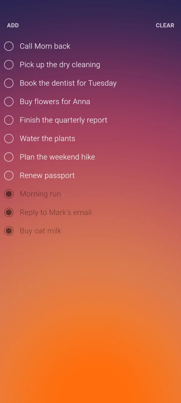 A to-do list with eight open tasks and three done