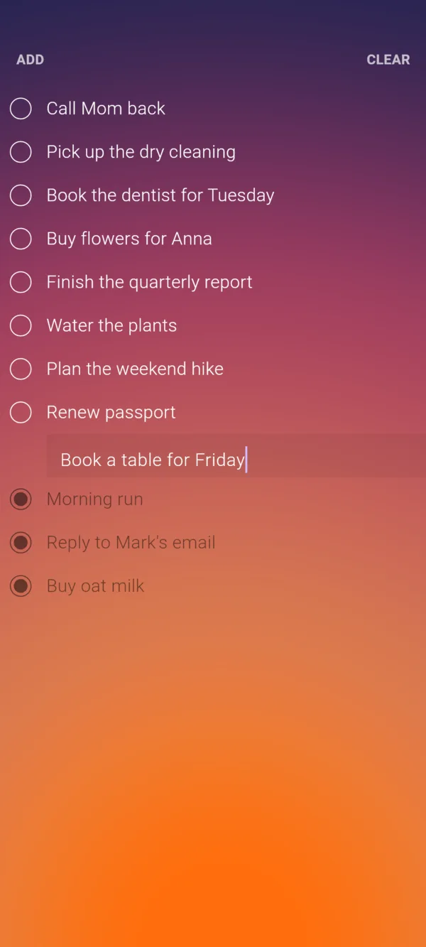 Typing a new task after tapping ADD