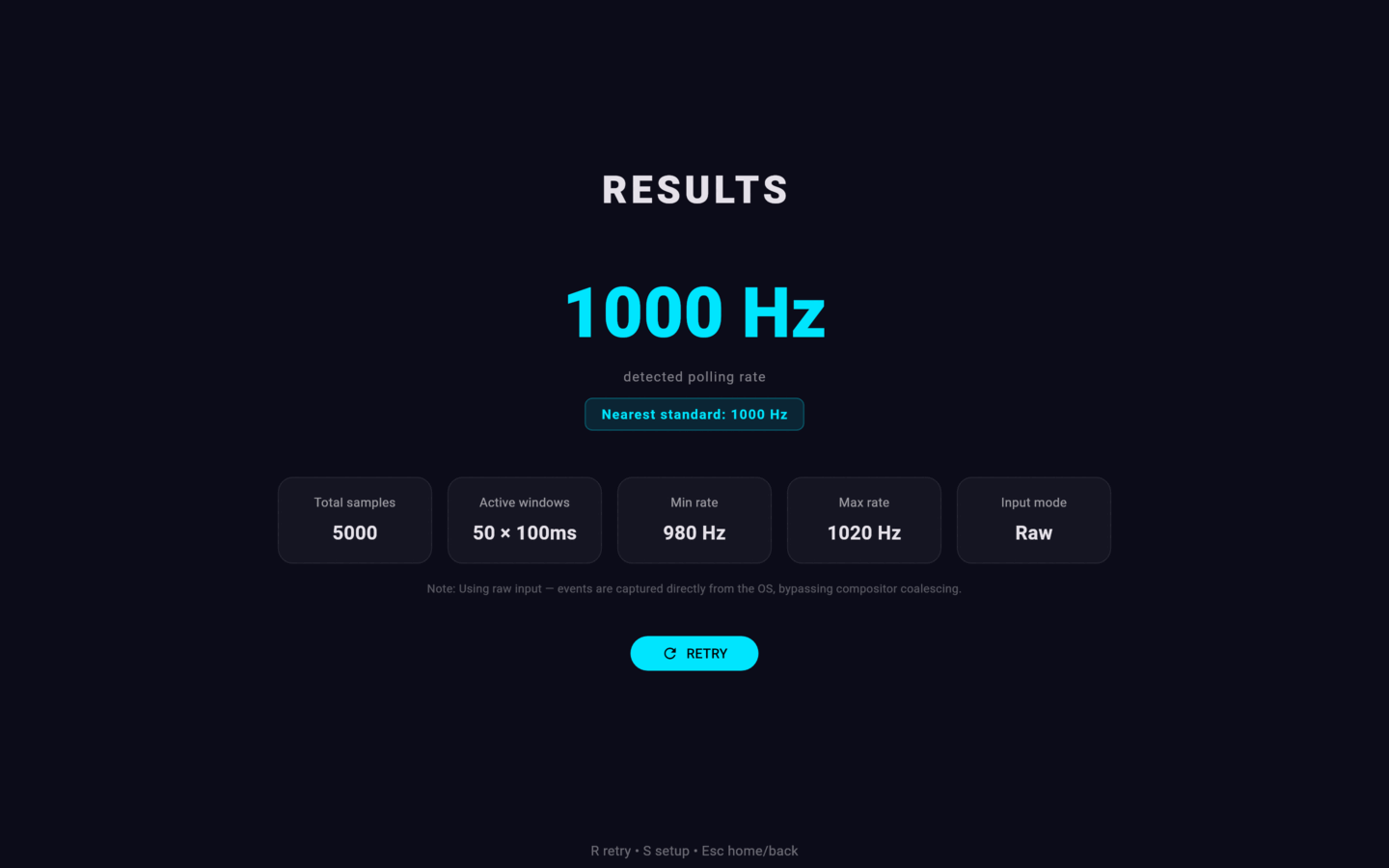 A 1000 Hz raw mouse polling rate with the nearest standard rate