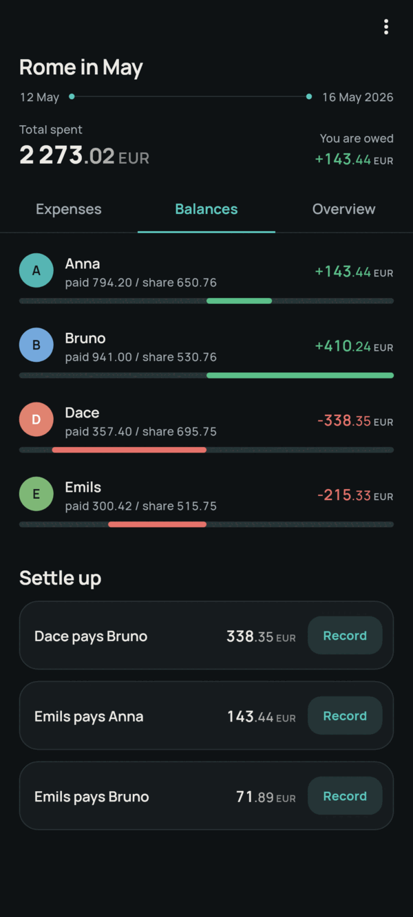 Trip balances in the dark theme