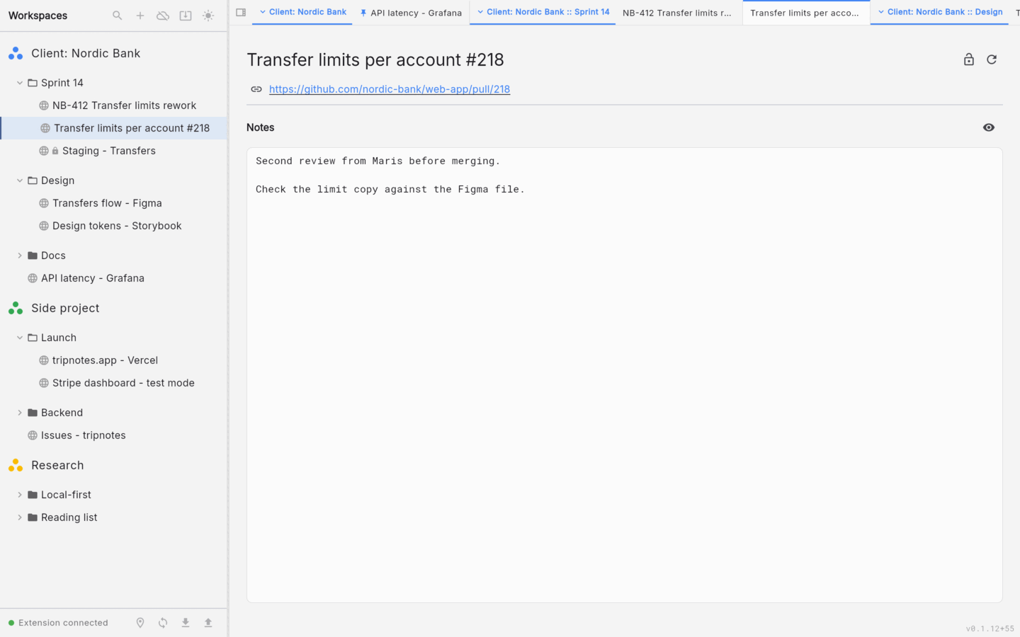 Workspaces and folders in a tree, with their browser tabs grouped along the top