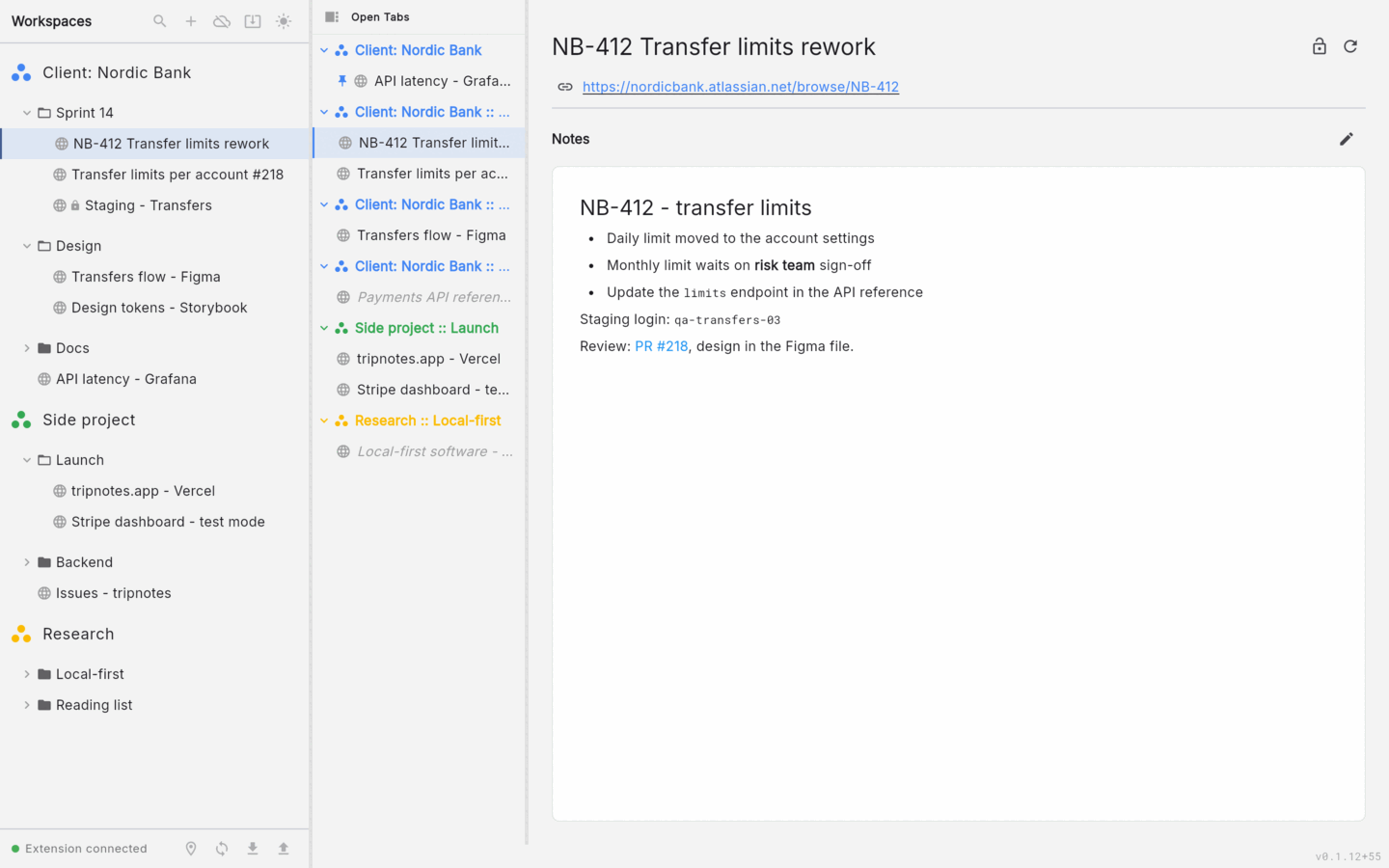 Open tabs down the side and markdown notes on a link
